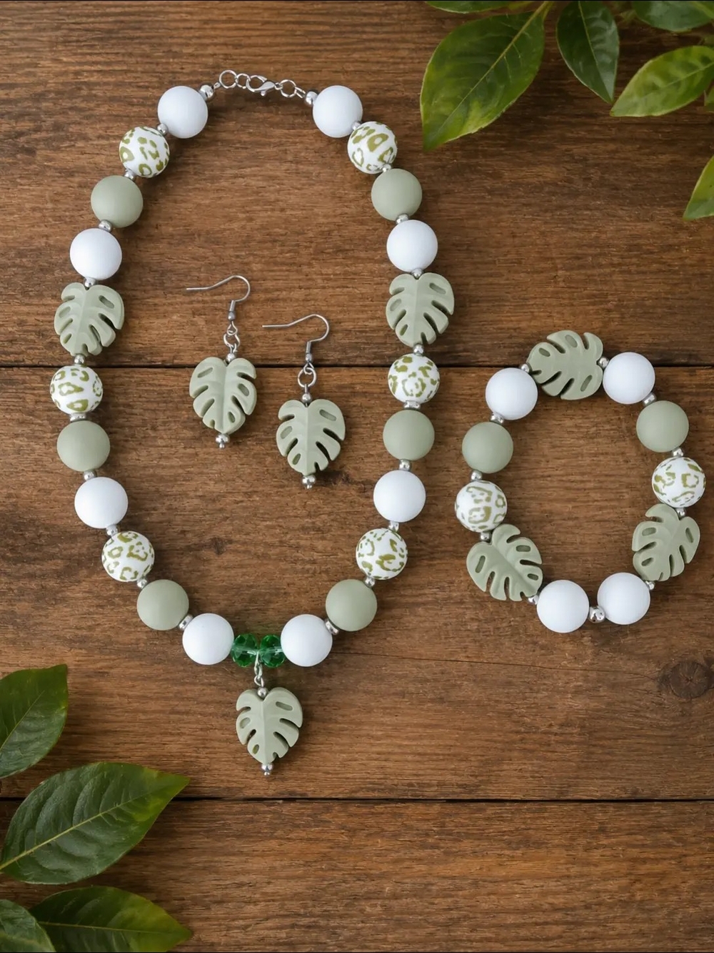Olive Leaf Bead Necklace, Bracelet & Earring Set